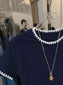Camiseta casual de mujer con bordado y ribete de contraste, verano - Blanco 3 - Ver 1