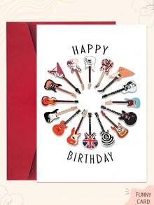 1張彩色吉他主題生日卡，印有「Happy Birthday」文字，設計包含多種電吉他與民謠吉他圖案，適合音樂愛好者、朋友與家人 - 多色 - 查看 1