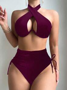 Bonvoyette Women's Summer Bikini Set With Color Blocked Halter Crossover Top And Weave Side Drawstring Bikini Bottom - Bordeaux - View 1