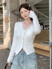 Soft Feminine Lace Patchwork V-Neck Knit Cardigan Women's Autumn/Winter Soft Fluffy Slimming Top - White - View 3