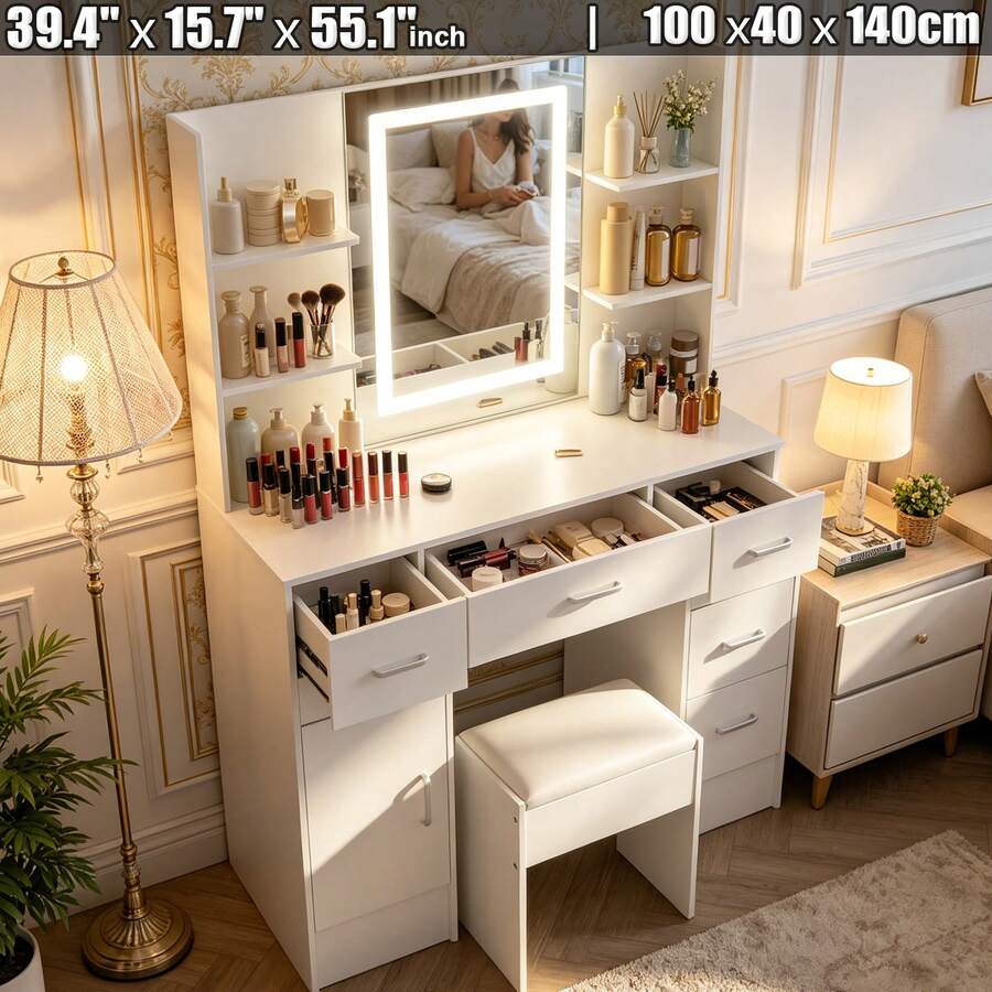 Dressing Table Makeup Vanity Table with Smart LED Mirror 6 Drawers and Stool Set, Vanity Desk Set with Large LED Lighted Mirror & Drawers Makeup Table - Dresser Vanity Makeup Desk Stool with LED Light Mirror Drawers Dressing Table - Blanco - Ver 1