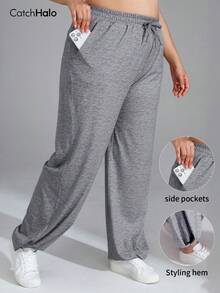 Plus Size Women Loose Casual Pants, Elastic Waistband, Drawstring, Pockets, Soft, Wide Leg, Suitable For Fitness & Yoga Sports Fall - Grey - View 3