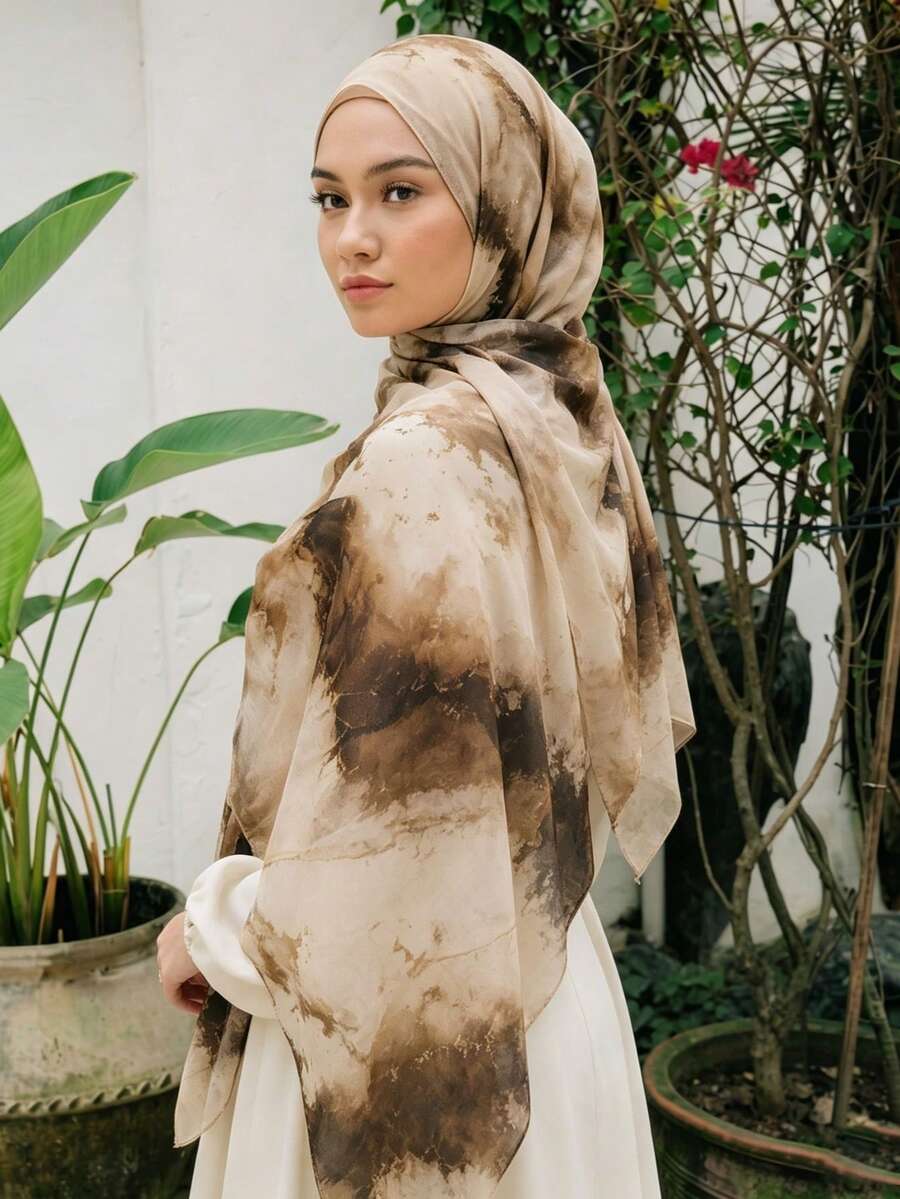 1件裝女款大理石紮染印花希賈布頭巾，寬版印花頭巾，柔軟舒適透氣，休閒百搭，適合日常與戶外穿著 - 彩色 - 查看 1