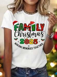 1 Piece Casual Fashion Men's And Women's Family Memorial T-Shirt - White Holiday T-Shirt With Red And Green Letter Decoration - Comfortable Casual Crew Neck Top - 白色的 - 查看 1