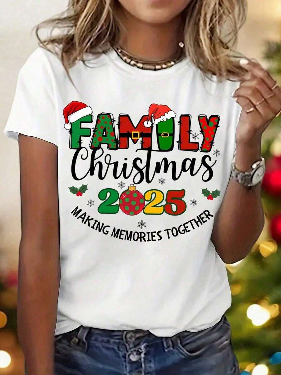 1 Piece Casual Fashion Men's And Women's Family Memorial T-Shirt - White Holiday T-Shirt With Red And Green Letter Decoration - Comfortable Casual Crew Neck Top - 白色的 - 查看 1