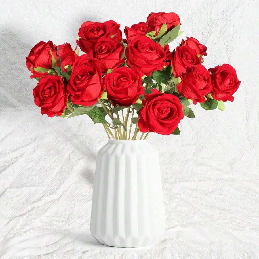 20 Pcs Artificial Roses, Dark Red Roses, Fake Flowers, Faux Roses, For DIY Wedding Bouquets, Table Centerpieces, Bridal Shower, Valentine's Day Decor, Baby Shower Decor, Home Decor, Indoor Outdoor Decoration - Bright Red - View 1