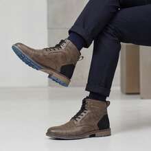 Men's Vintage Boots, Colorblock Upper, Rubber Dual-Color Non-Slip Sole, Inner Zipper, Outdoor Casual Ankle Boots - Grey - View 1