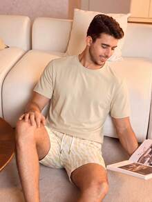 Men's Summer Crew Neck Casual T-Shirt And Casual Shorts Loungewear Set - Apricot - View 3