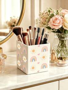 Rainbow Heart Flower Pattern Square White Acrylic Pen Holder, Minimalist Fashionable Makeup Brush And Pencil Storage Container. Essential For Teachers, Suitable For Personalized Teacher Gifts, Bridal Gifts, Valentine's Day, Teacher's Day, Bachelorette Party Gift Box, Also For Work, Travel, Office, Events And Other Occasions, As Well As Back To School Essentials, Teacher's Day Gifts - Multicolor - View 7