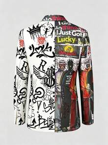 1pc Men's White Base Contrast Color Graffiti Cartoon All-Over Print Long Sleeve Notch Lapel Blazer - White - View 3