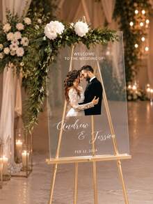 1PC Customizable Photo & Text Acrylic Wedding Welcome Sign, Personalized Happy Life Decor Plaque, Suitable For Wedding Venue Decoration, Wedding Decor, Wedding Welcome Sign, Customized Wedding Crafts - Multicolor - View 1