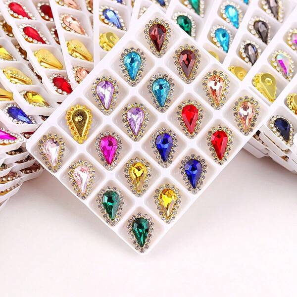 12.8*18.5mm, 20pcs/Pack, Glass Crystal, Multicolor, Teardrop Shape, Shiny Handmade Sewn Crystal Beads, Gold Flat Back Gemstone DIY Accessories For Sewing Decoration On Clothing, Dresses, Bags, Shoes, Brooches, Earrings, Handicrafts