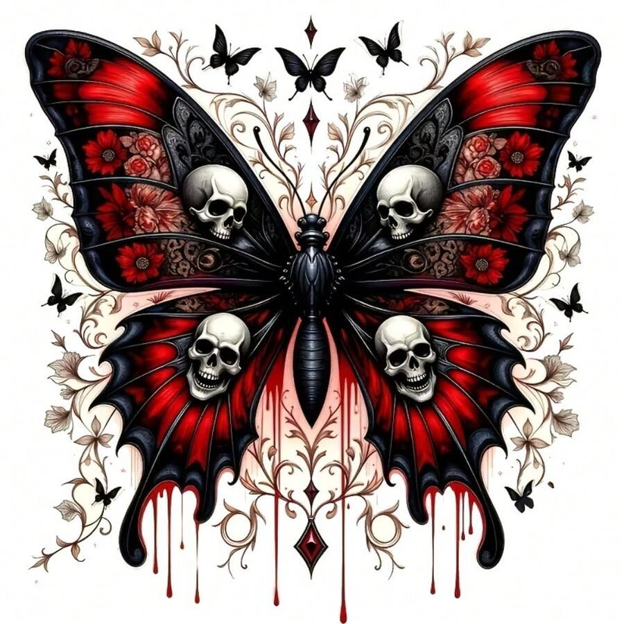 1pc/2pcs/3pcs Butterfly Skull Pattern Iron-On Heat Transfer Illustration Design DIY DTF Transfer Stickers, Washable Heat Press Decals, Suitable For T-Shirts, Pillows, Sweatshirts, Backpacks - Durable PVC Material For Halloween