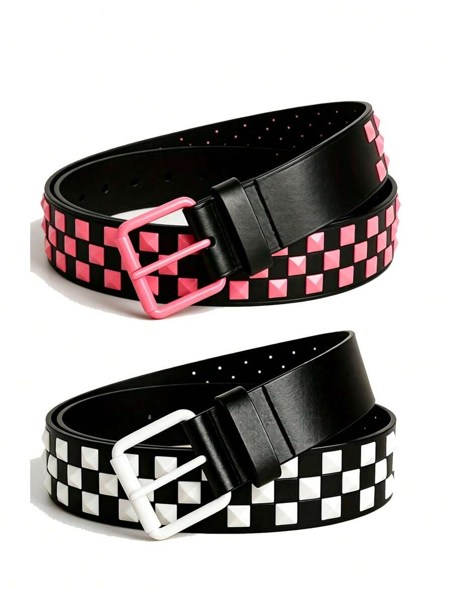 2pcs Unisex Punk Style Metal Rivet Belt, Casual Everyday Wear Adjustable Belt For Jeans - Pink + White - View 1