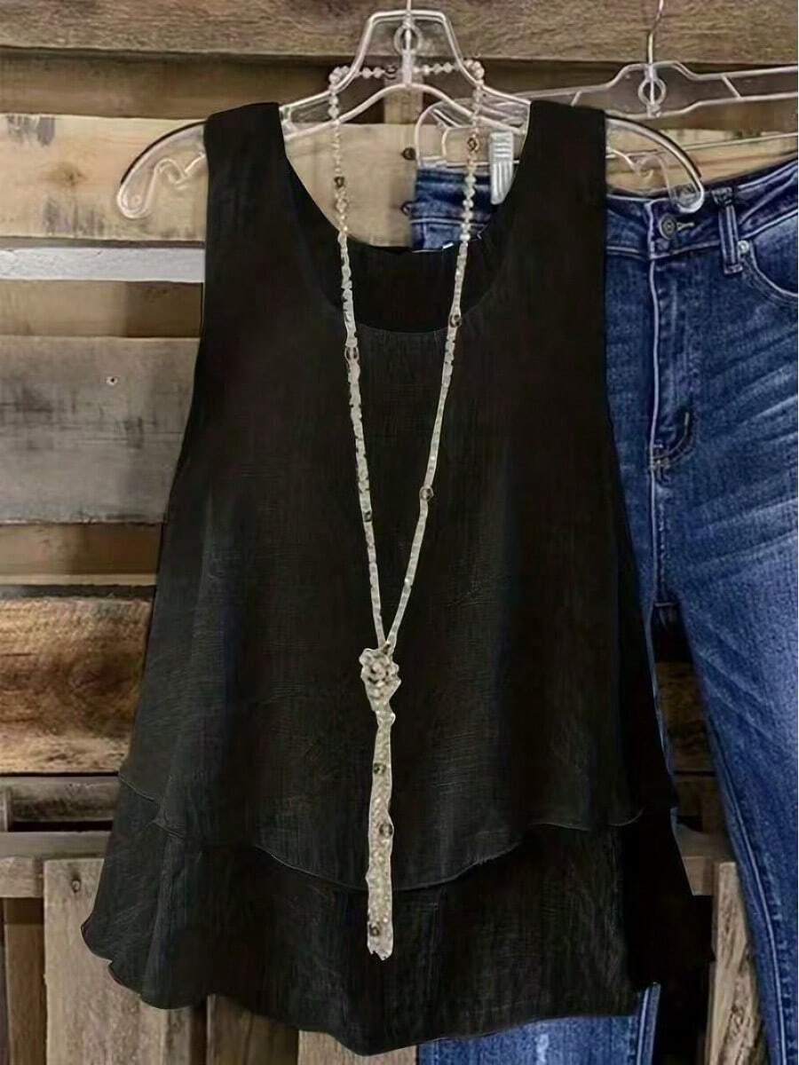 Women's Casual Summer Top, Double-Layer Chiffon, Semi-Transparent Solid Color, Round Neck, European And American Style. - 黑色 - 查看 1