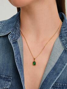 Ashenrae 1pc Vintage Green Square Zirconia & Gold Tone Stainless Steel Necklace For Women, Daily Wear Or Thanksgiving & Christmas Gifts - Yellow Gold - View 5