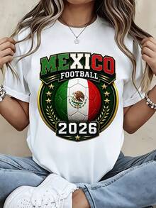 T-Shirt Top Mexico Football 2026 Soccer Ball Flag Design For Casual Wear And Sports Events Blusas Para Dama Casuales - 白色 - 查看 1