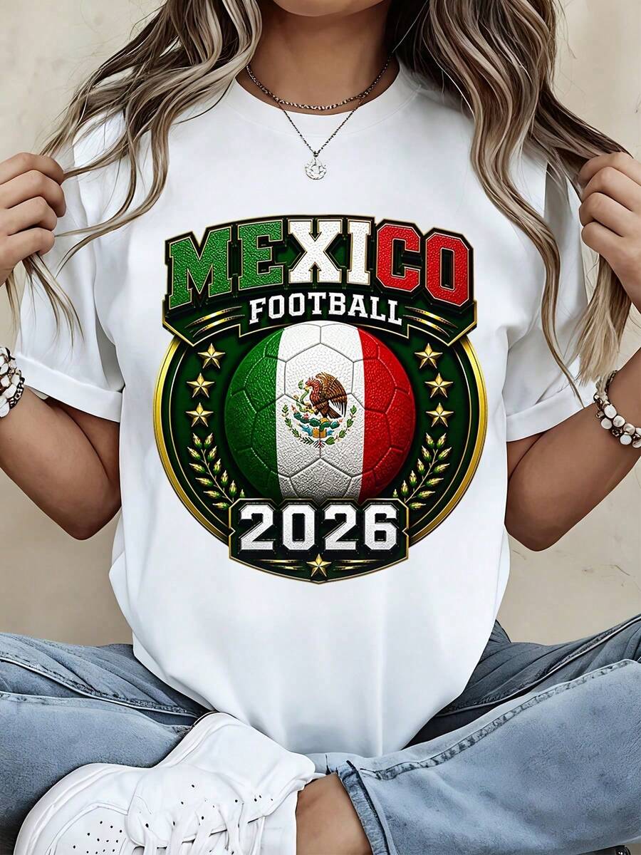 T-Shirt Top Mexico Football 2026 Soccer Ball Flag Design For Casual Wear And Sports Events Blusas Para Dama Casuales - 白色 - 查看 1