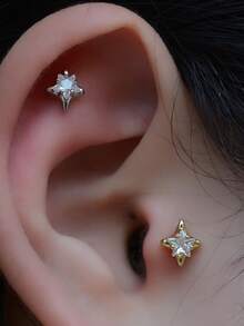 1pc Minimalist Transparent Zirconia Star Stud Earring, Hypoallergenic Flat Back Screw Ear Cartilage Jewelry, Suitable For Helix, Conch, Daith, Lobe, Cartilage, Stacked Piercing Earring - A Pair Of Round  Star Earrings - View 11