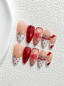 10Pcs Metallic Style Handmade Press On Nail,Polygel Nail Set,Water Droplets, Flowers, Red, White And Pink Nail Polish,Gentle And Refined Style,Includes Nail Tools,3 Sizes Available,Almond Nails , Duck Nails,Coffin Nails For Party, Dance, Daily Wear. - 彩色 - 查看 14