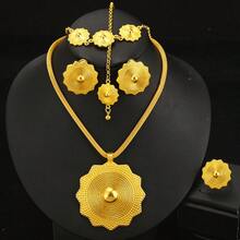 5pcs/Set Women's Jewelry Set Golden Color Geometric Pendant Necklace Earrings Ring Bracelet Head Chain African Saudi Arabian Bride Traditional Jewelry Gift - A - View 10