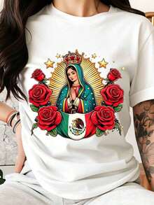 100% Pure Cotton T-Shirt, Bohemian Style, With A Design Of The Virgin Of Guadalupe, Mexican Flag, And Roses. Religious Symbol Of The Virgin Mary, Catholic, Unisex, For Men And Women. - 白色 - 查看 1