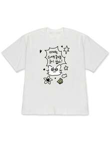 2026Spring And Summer New Style Drop-Shoulder Short Sleeves T Shirt,Printed With An Odd Cat Head Pattern+Korean Dialog Box Text"Now There's Nowhere To - White - View 1