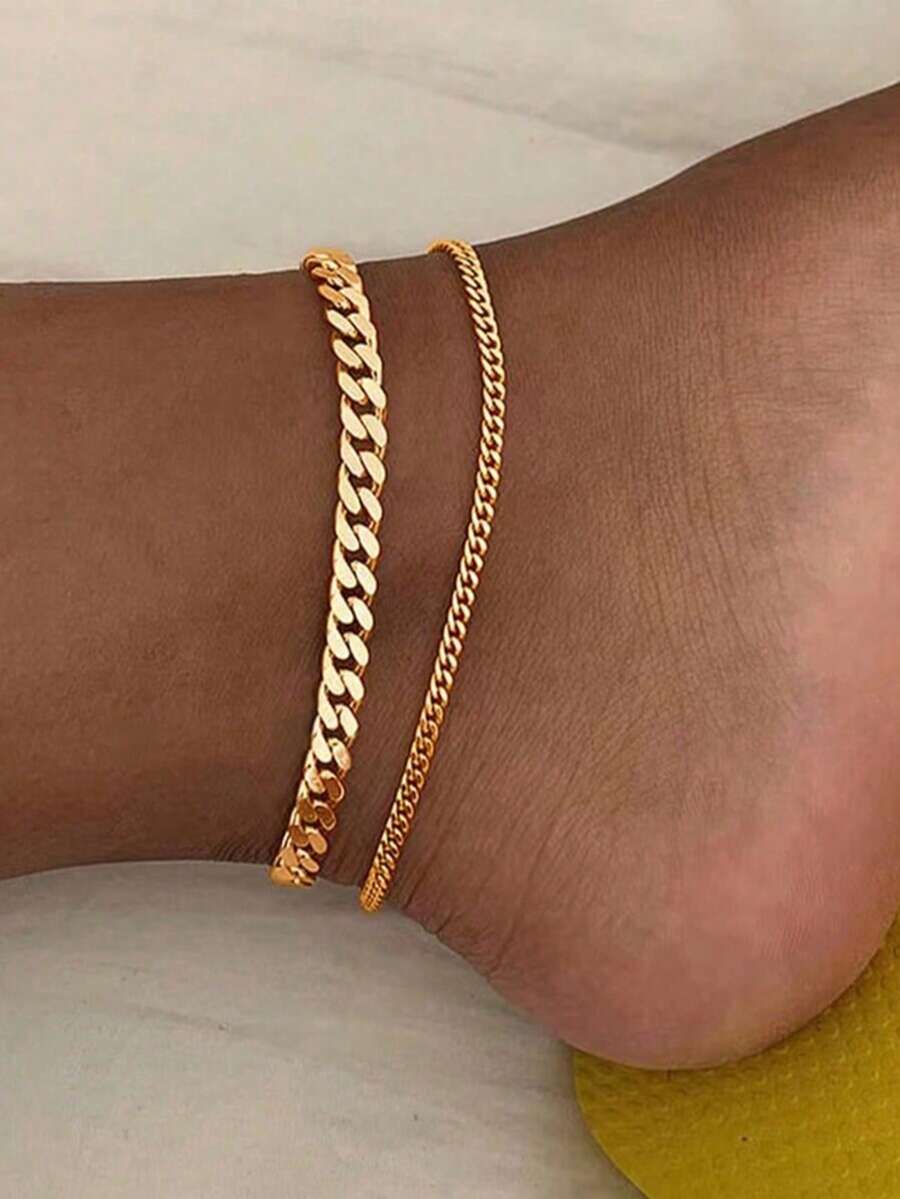 1 Set Classic Minimalist Versatile Gold Chain Anklets, 2pcs/Set, Simple And Versatile, Suitable For Children's Daily Wear - Gold - View 1