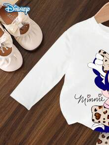 2Pcs [Official Disney Licensed] Disney Autumn/Winter Infant Newborn Mickey Mouse Cute Long Sleeve T-Shirt & Heart Leopard Print Flare Pants Set, With Minnie Mouse Cartoon Pattern, Slightly Elastic, Suitable For Daily Wear Of Infants And Newborns, Great Gift - White - View 4