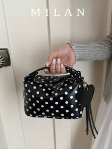 1 Piece Small Polka Dot Print Box Bag, Adjustable PU Zipper Crossbody Bag, Heart-Shaped Tassel Decoration, Fashionable Handbag For Daily Use, Date - 杏色 - 查看 1