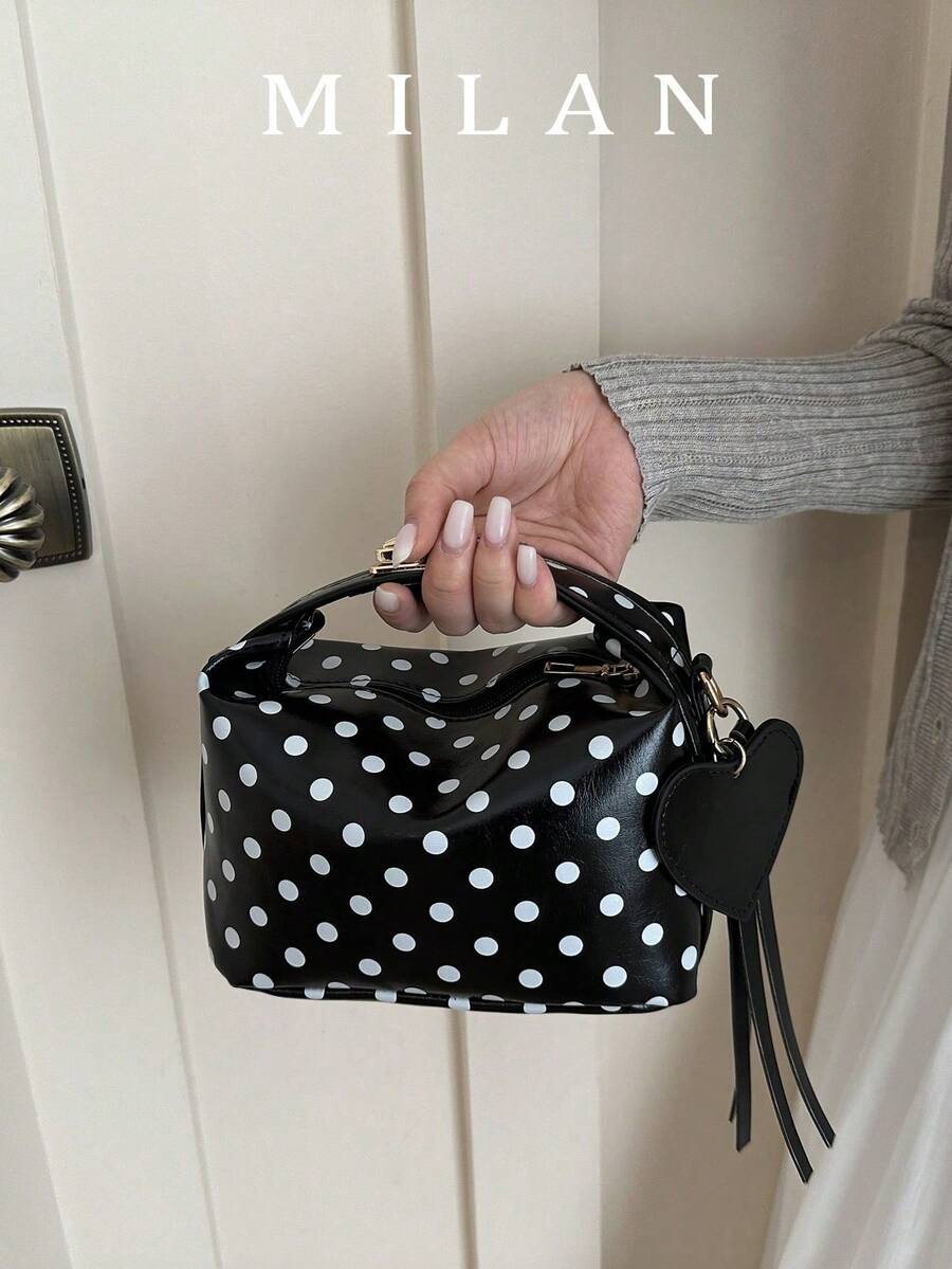 1 Piece Small Polka Dot Print Box Bag, Adjustable PU Zipper Crossbody Bag, Heart-Shaped Tassel Decoration, Fashionable Handbag For Daily Use, Date - 杏色 - 查看 1
