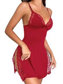 Lencería Sexy para Mujer LWP, Camisón de Tirantes Finos, Babydoll, Chemise - Burdeos - Ver 2
