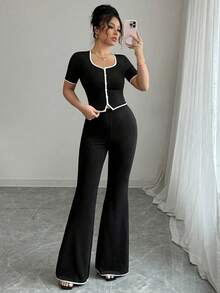 Conjunto de 2 Piezas para Mujer: Top de Cuello Redondo y Manga Corta con Pantalón Largo en Color Sólido - Negro - Ver 4