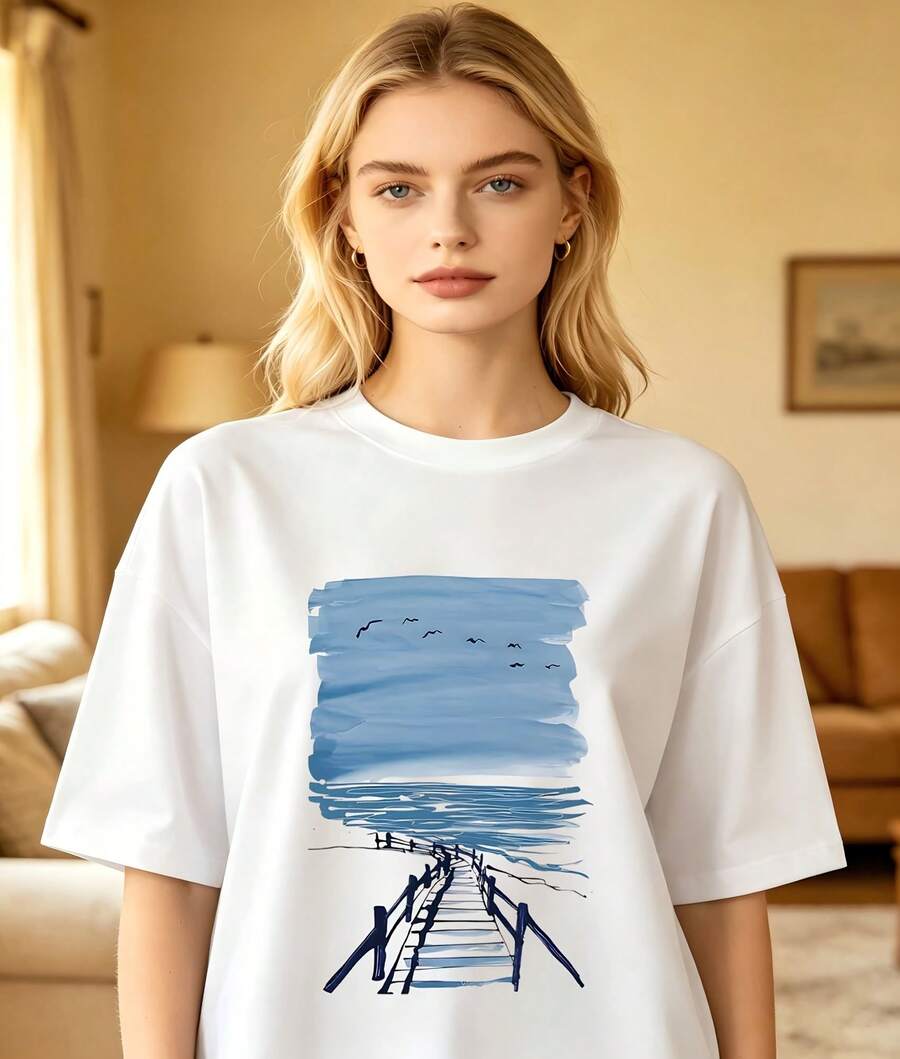 Soft Blue Watercolor Ocean Dock Seagull Landscape Graphic Oversized Crew Neck Short Sleeve Women's T-Shirt Coastal Vacation Casual Daily Wear Perfect Gift For Seascape Nature Art Enthusiasts - 白色 - 查看 1