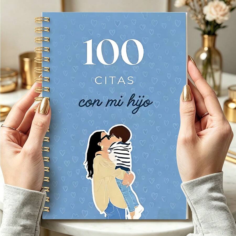 1pc A5 Size 100 Date Spiral Notebook, Spanish Version, Minimalist Mother Son Diary | Designed To Record Warm Moments And Strengthen Family Relationships, Ideal Mother's Day Gift School Supplies - A5 - View 1