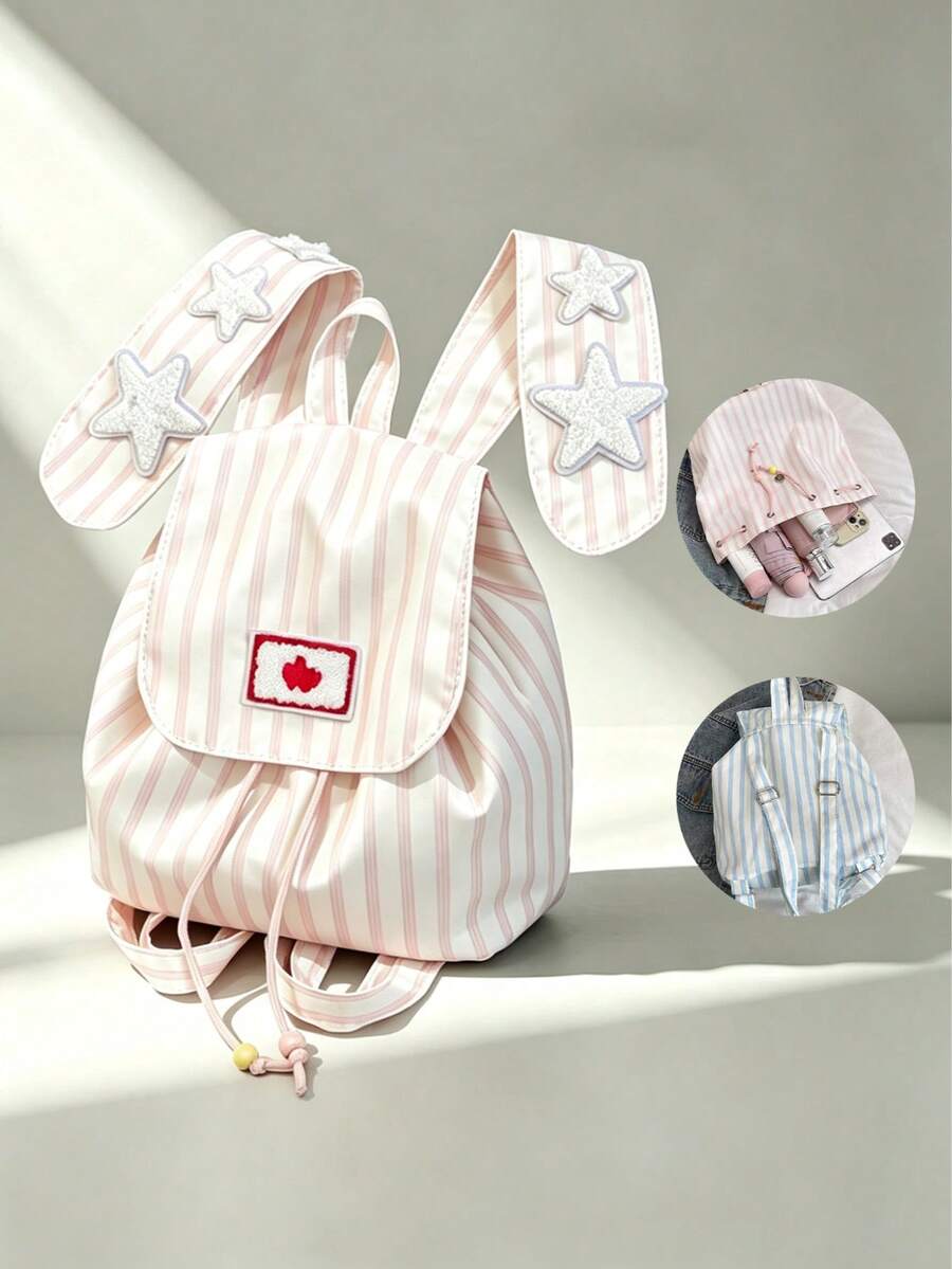 Un bolso de hombro casual y lindo con orejas de conejo a rayas, con orejas de conejo únicas combinadas con diseños de estrellas. Perfecto para atuendos académicos e ideal como regalo.