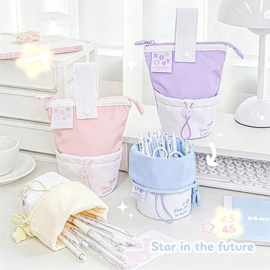 1pc Expandable Vertical Large Capacity Waterproof Drawstring Pencil Case, Portable Handheld Stationery Storage Bag, Suitable For Girls Back To School - Pencil Case - View 1