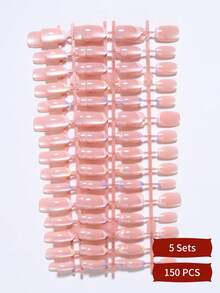 150pcs (5 Styles Mixed) Y2K Short Oval Dusty Pink Cat Eye, Macaron Rainbow French Press-On Nails, Acrylic Material Set, Includes 1pc Jelly Glue And 1pc Nail File, Suitable For DIY Use - Multicolor - View 5