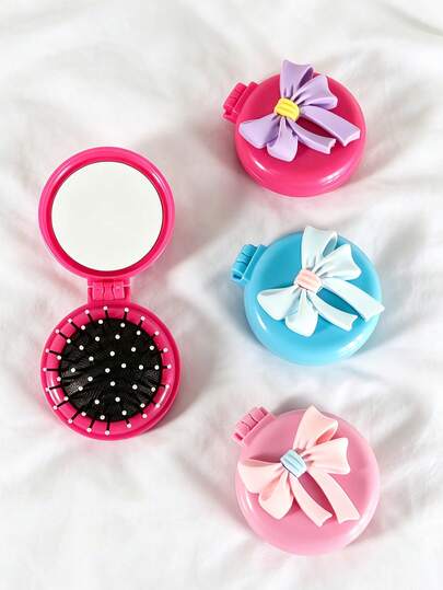 1 pieza/ Pequeño peine portátil de cojín de aire para chica dulce, cepillo de cojín de aire plegable con lazo 3D de ABS y espejo de maquillaje, estilo INS suave y lindo, peine de maquillaje portátil redondo y brillante, diseño de lazo de color contrastante 3D, cepillo de cojín de aire calmante para el cuero cabelludo con tapa abatible y pequeño espejo, regalo para estudiantes, dormitorio, viajes y Día de San Valentín