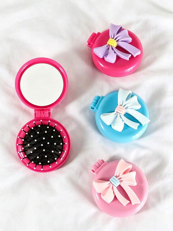 1pc/ Mini Portable Sweet Girl Air Cushion Comb, ABS 3D Bow Foldable Air Cushion Brush With Makeup Mirror, Soft Cute INS Style, Glossy Round Portable Makeup Comb, 3D Contrast Color Bow Design Soothing Scalp Air Cushion Brush With Flip Cover Small Mirror, Student Dorm Travel Valentine's Day Gift