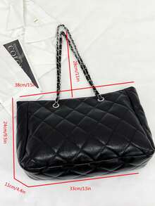 Tas Tote Wanita Warna Polos Bahan PU dengan Bordir Motif Berlian dan Jahitan Quilted, Kapasitas Besar, Permukaan Lembut, Cocok untuk Perjalanan Bisnis, Wisata, Perjamuan, Pesta, Jalan-jalan, Serbaguna - Hitam - View 3