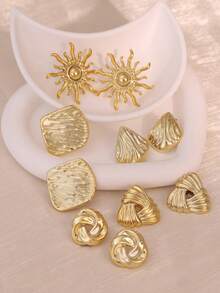 1-5 Pairs Vintage Distressed Sun Pattern Asymmetrical Square Twisted Stud Earrings Set, Luxury Niche Minimalist Commuter Versatile Gold Earring Set For Women's Daily Wear - Gold - View 3