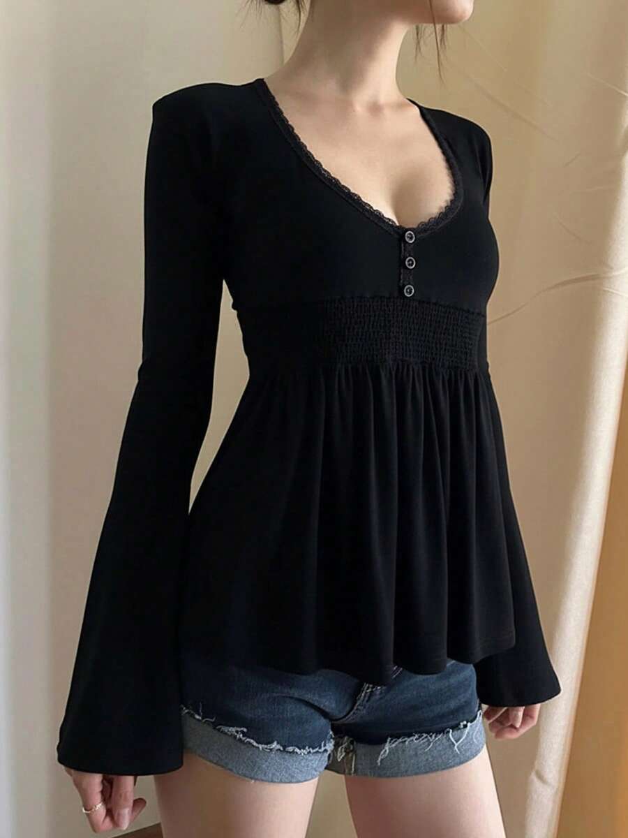 Women's Coquette Style Doll Blouse, Ruched Ruffle Long Sleeve Shirt, Autumn Y2K Hot Girl Casual Soft Girl Outfit - Black - View 1