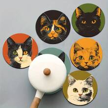 6pcs Wooden Black Cat Coaster Set, Heat-Insulating, Anti-Slip And Heat-Resistant Table Mats, Suitable For Home, Office And Theme Party Gifts, Restaurant, Hotel, Kitchen, 10cm - Multicolor - View 5