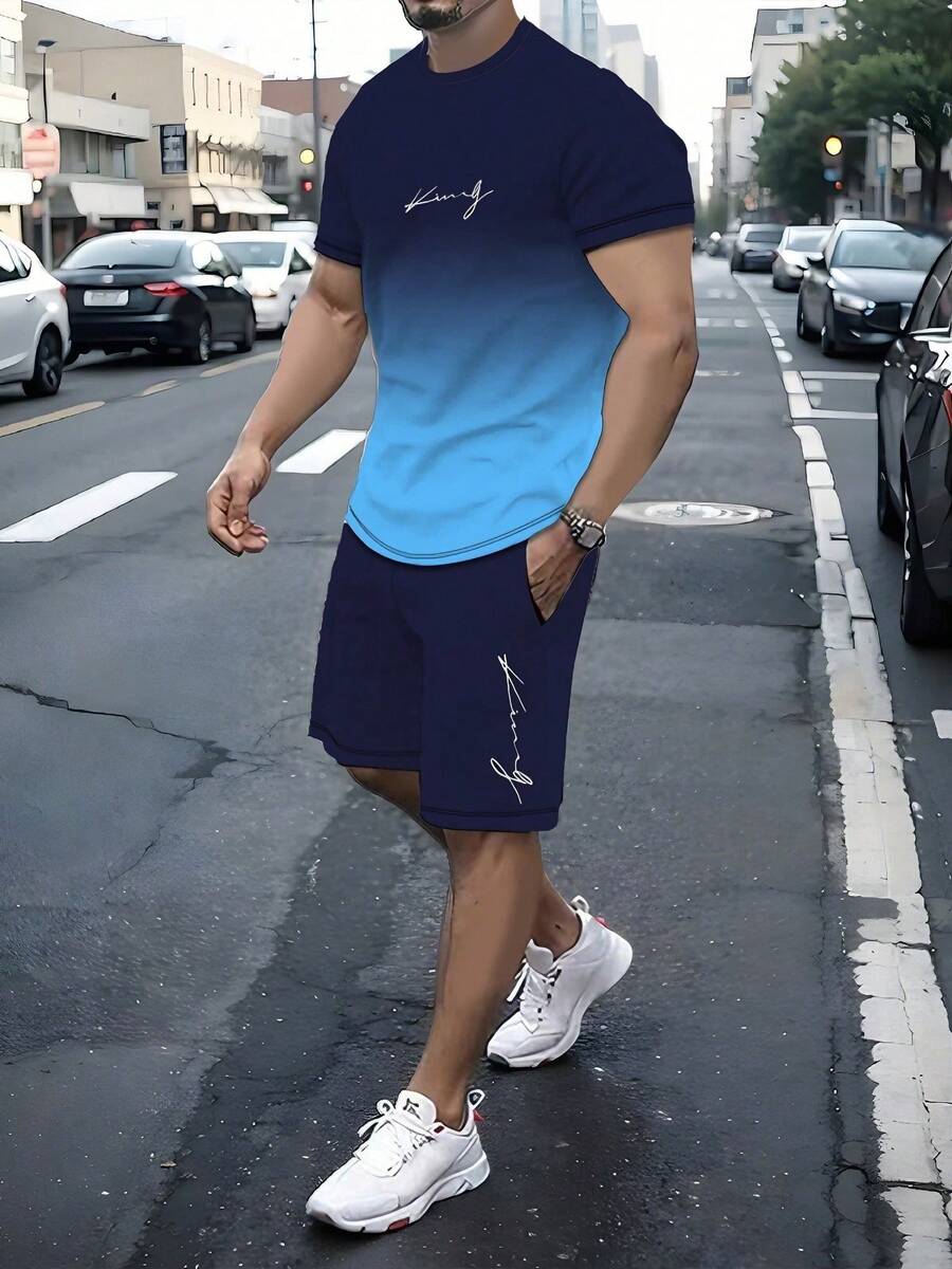 Men's Short Sleeve Crew Neck T-Shirt Set With Gradient Letter Print And Drawstring Shorts, Comfortable Casual Outfit, 100% Polyester, Lightweight And Breathable Fabric - Multicolor - View 1