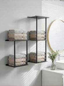 Double-Layer / Triple-Layer Towel Storage Rack, No Need For Drilling For Installation, Equipped With An Upper Storage Compartment And A Lower Hook, Suitable For Bathrooms, Toilets And Other Places,Bathroom Accessories,Room Decor,Bedroom Decor, - Black - View 2