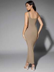 Vestido de tirantes de cuello redondo liso - Marrón Mocha 2 - Ver 2