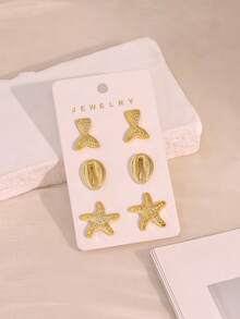 3/8 Pairs Oversized Gold-Plated Petal Starfish Shell Earrings, Gold Women's Earring Set. Suitable For Daily Beach Ocean Vacation (Non-Fading, Lightweight CCB Material) - Gold - View 10