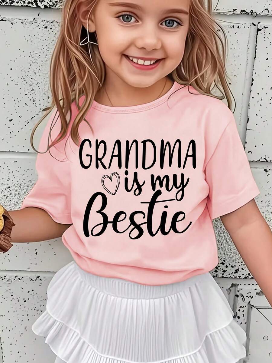 Versatile And Modern Casual T-Shirt For Girls With A Print Of The Phrase "My Grandmother Is My Best Friend". - 黑色 - 查看 1