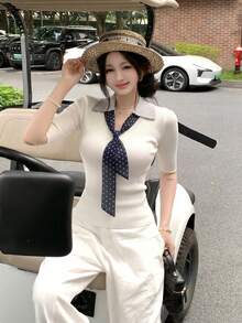 女款 V 領 2 合 1 修身波點蝴蝶結短袖針織上衣，夏季 - 白色 - 查看 7